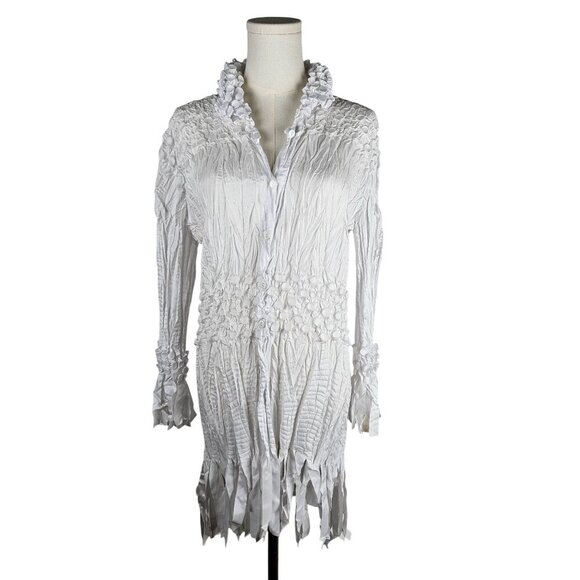 Jerry T Small White Crinkle Texture Button Tunic Fringe Hem Boho Festival - Picture 2 of 12